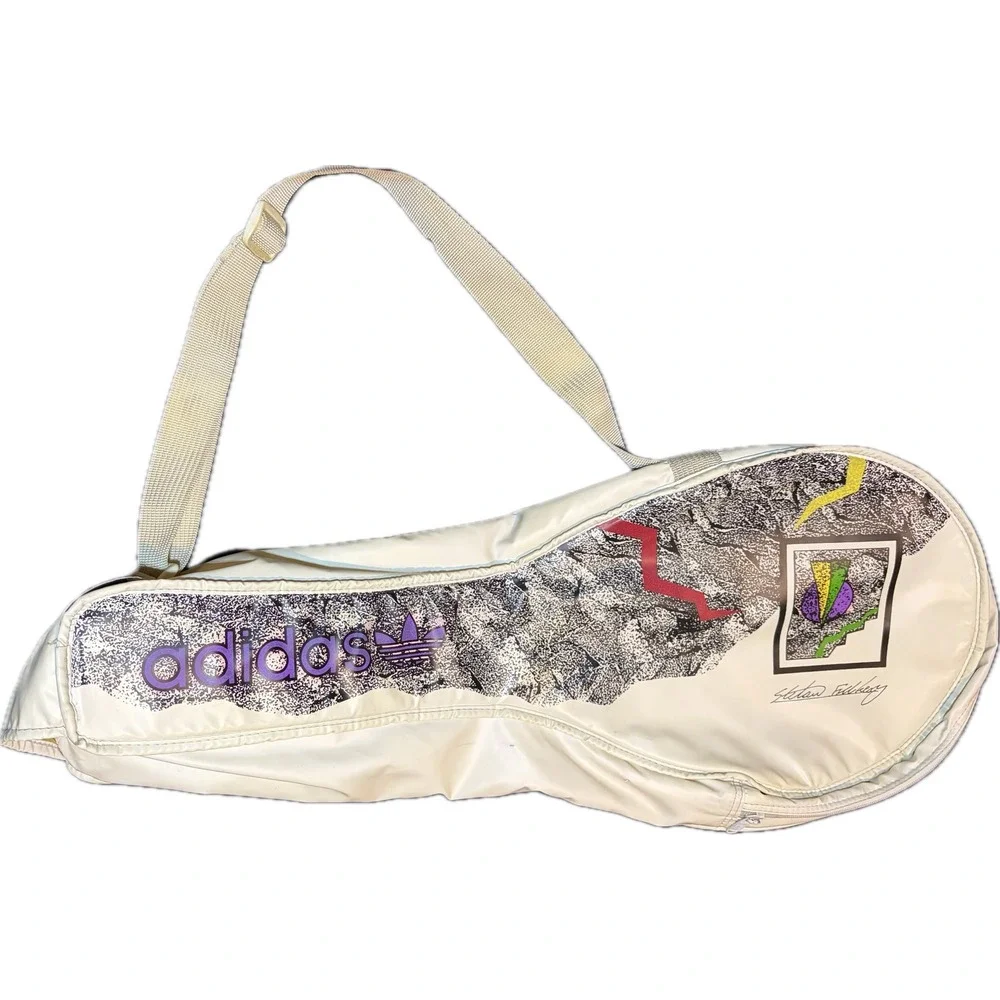 Vintage 1980s Adidas Stefan Edberg Tennis Racket Bag Cover White‎ Graphic Retro